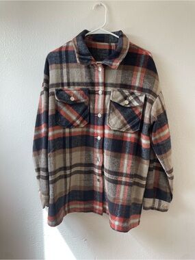 Plaid Button-Up Shacket in Navy, Tan & Rust